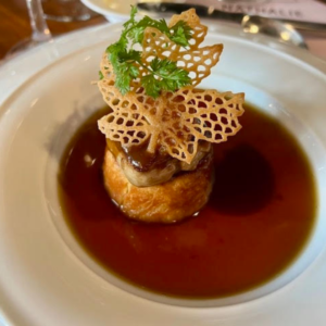 Seared Foie Gras and Apple Brioche, Duck Broth