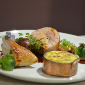 Foie Gras Turkey Ballotine, Classic potato gratin, vegetables and chestnuts, Turkey Foie gras jus