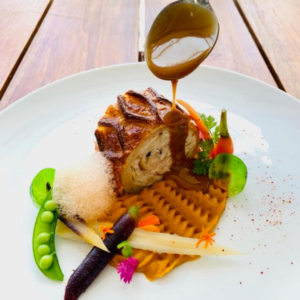 Chicken Foie Gras Wellington, Truffle Chicken Jus, Carrot, Miso and Hazelnut Cream, Glaze Baby Carrots and Brussel Sprouts