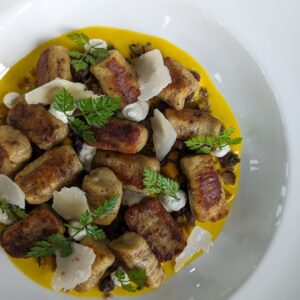 Roasted Pumpkin, Chestnut and Porcini Gnocchi, Porcini Ragout and Parmesan Cream (v)