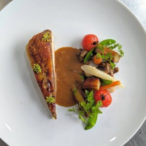 Organic Chicken Morel Farce, Morel ragout and vegetables, Truffled chicken jus