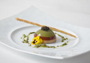 Japanese Snow Crab, Tomato Crémeux and Chive Guacamole Timbale Chive Pesto, Puff Finger