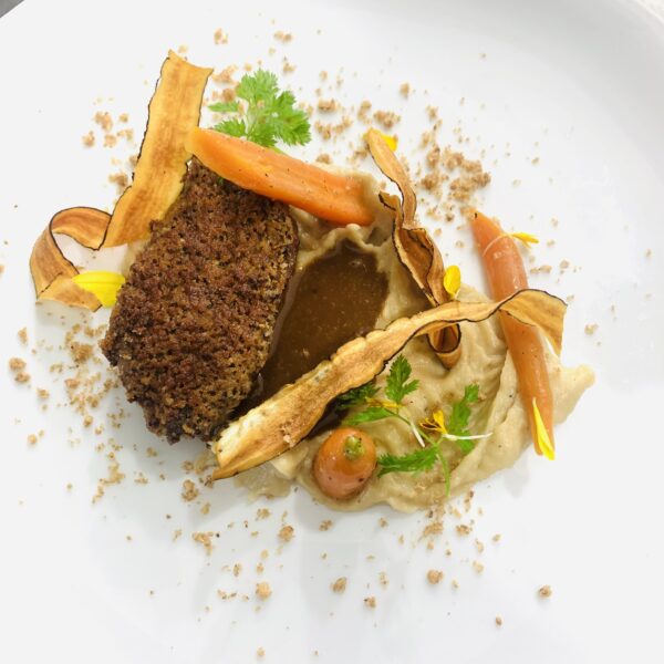 Cocoa Nib Crust Veal Tenderloin | Veal Cocoa Jus | Salsify in 2 ways