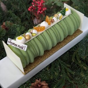 Green Velvet Buche Black Sesame Mousse, Yuzu Cremeux and Citrus insert, Pistachio Sesame Pain de Gene and Paillete Feuilletine  (size for 6 pax)