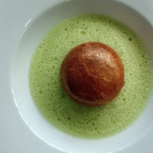 Foie gras, truffle and mushroom homemade brioche, Parsley Coriander broth