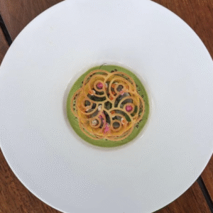 Hokkaido scallop Pumpkin tart, Herb coulis